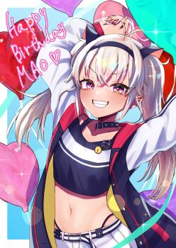 1girl absurdres animal_ears balloon black_collar black_jacket black_shirt cat_ears closed_mouth collar dark-skinned_female dark_skin fake_animal_ears grey_hair happy_birthday heart_balloon highres itsuki_isshiki jacket long_hair looking_at_viewer matsukai_mao matsukai_mao_(1st_costume) nijisanji purple_eyes shirt shorts smile solo spiked_collar spikes virtual_youtuber white_shorts white_sleeves