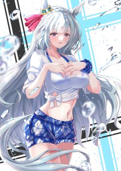 Rule 34 | 1girl, absurdres, animal ears, bikini, bikini top only, bikini under clothes, blue bikini, blue hair, blue shorts, blush, bow, braid, breasts, commentary request, crown braid, ear ornament, floral print shorts, gaze on me! outfit (umamusume), highres, horse ears, horse girl, horse tail, kentan (kingtaiki), large breasts, long hair, male swimwear, mejiro ardan (umamusume), midriff, navel, parted lips, purple eyes, scrunchie, shirt, shorts, smile, solo, swim trunks, swimsuit, tail, tied shirt, umamusume, water, white bow, white shirt, wrist scrunchie