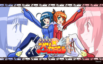 2girls blue_eyes blue_thighhighs blush copyright_name dot_nose female_focus full_body headband highres kaitou_tenshi_twin_angel kannazuki_aoi long_sleeves looking_at_viewer magical_girl medium_hair minazuki_haruka_(twin_angel) multiple_girls official_art open_mouth orange_hair shoes sitting thighhighs twin_angel white_headband white_thighhighs