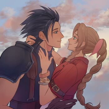 1boy 1girl aerith_gainsborough armor bangle black_hair blue_eyes bracelet braid braided_ponytail brown_gloves brown_hair closed_mouth cloud cloudy_sky commentary couple crisis_core:_final_fantasy_vii dress drill_hair drill_sidelocks english_commentary face-to-face final_fantasy final_fantasy_vii final_fantasy_vii_remake from_side gloves green_eyes hair_ribbon hand_on_another's_chest hand_on_another's_hip hand_on_another's_neck hetero highres jacket jewelry long_hair looking_at_another outdoors pink_dress pink_ribbon profile red_jacket ribbon shoulder_armor sidelocks sky sleeveless sleeveless_turtleneck smile spiked_hair suspenders sweater sylvthea turtleneck turtleneck_sweater upper_body zack_fair