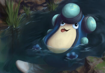 absurdres animal_focus commentary electovoid english_commentary gen_5_pokemon grass highres nintendo no_humans open_mouth palpitoad partially_submerged pokemon pokemon_(creature) pokemon_focus signature smile solo tongue tongue_out water