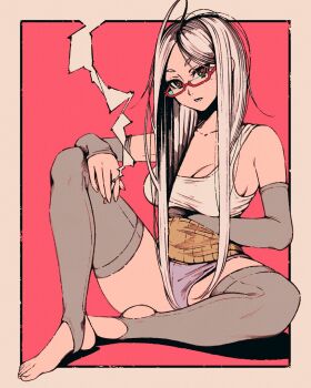 1girl armpit_crease ayase_seiko bare_shoulders border breasts brown_eyes cigarette collarbone commentary crop_top dandadan elbow_gloves fingerless_gloves fingernails full_body gloves grey_gloves grey_thighhighs hair_down hand_on_own_knee haramaki head_tilt holding holding_cigarette long_hair looking_at_viewer lower_teeth_only mature_female medium_breasts micro_shorts moshimoshibe open_mouth outside_border parted_bangs purple_shorts red-framed_eyewear red_background semi-rimless_eyewear shorts sitting smoke smoke_trail soles solo stirrup_legwear tank_top teeth thighhighs thighs toeless_legwear toes underbust very_long_hair white_border white_hair white_tank_top