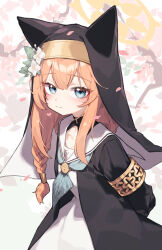 Rule 34 | 1girl, absurdres, animal ear headwear, aqua neckerchief, armlet, arms behind back, beudelb, black coat, blue archive, blue eyes, blush, braid, closed mouth, coat, commentary, commission, dress, fake animal ears, falling petals, floral background, hair ornament, halo, highres, long hair, looking at viewer, mari (blue archive), neckerchief, nun, orange hair, petals, pink petals, pixiv commission, sailor collar, single braid, single hair tube, smile, solo, upper body, veil, white dress, white sailor collar, yellow halo