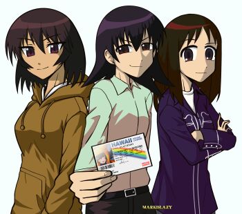 Rule 34 | azumanga daiou, belt, black hair, brown eyes, brown hair, crossed arms, dress shirt, fake id, highres, hood, hoodie, kagura (azumanga daioh), kasuga ayumu, markislazy, parody, shirt, smile, smirk, superbad (movie), takino tomo, white background