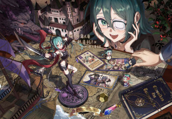 1boy 1girl anna_(princess_connect!) anna_(real)_(princess_connect!) blush book card castle commentary_request commission dragon eriko_(princess_connect!) eyepatch figure german_text glasses green_eyes green_hair heterochromia highres holding holding_sword holding_weapon holly horns map miniature mitsuki_(princess_connect!) nanaka_(princess_connect!) open_mouth photo_(object) playing_games playing_tabletop_rpg princess_connect! qianlilingjiang red_eyes ruka_(princess_connect!) ship smile solo_focus sword watercraft weapon yellow_eyes yuuki_(princess_connect!)