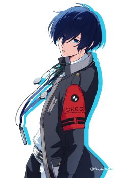 1boy armband belt black_jacket black_ribbon blue_eyes blue_hair collared_shirt digital_walkman drop_shadow earphones_removed from_side gekkoukan_high_school_uniform hair_between_eyes highres ikuya_kawaii jacket looking_at_viewer male_focus mp3_player neck_ribbon open_clothes open_jacket parted_lips persona persona_3 persona_3_reload red_armband ribbon s.e.e.s school_uniform shirt short_hair solo twitter_username upper_body walkman_nw-s203f white_background white_shirt yuuki_makoto_(persona_3)