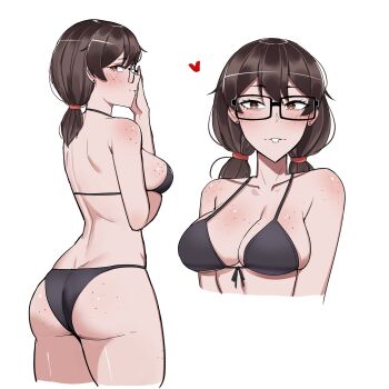 1girl adjusting_eyewear ass bikini black-framed_eyewear black_bikini blush body_freckles breast_freckles breasts brown_eyes brown_hair buck_teeth collarbone commentary cropped_legs cropped_torso freckles front-tie_top highres large_breasts looking_at_viewer medium_hair multiple_views original rectangular_eyewear short_twintails shoulder_freckles simple_background stephanie_(ti_keep) swimsuit teeth ti_keep twintails white_background