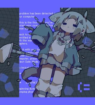 1girl :&lt; bad_id bad_twitter_id black_eyes blue_screen_of_death branch closed_mouth commentary cube deformed grey_shoes grey_skirt hair_ornament hand_up highres holding holding_mop letterboxed long_sleeves looking_at_viewer mary_janes medium_hair mop nikamoka no_sclera original plant_ears plant_tail pleated_skirt shirt shoes skirt sleeves_past_fingers sleeves_past_wrists socks solo symbol-only_commentary tail white_shirt white_socks