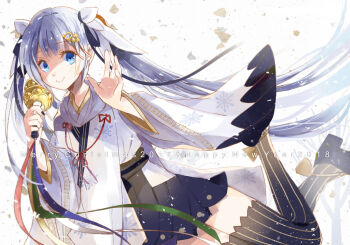 1girl 2018 aqua_eyes bell black_skirt black_thighhighs blush chihaya_(clothing) christmas closed_mouth commentary english_text fortissimo hair_ornament happy_new_year hatsune_miku holding holding_bell japanese_clothes jingle_bell kagura_suzu long_hair long_sleeves merry_christmas miko moonku musical_note musical_note_hair_ornament musical_note_print musical_staff musical_staff_print new_year official_alternate_costume official_alternate_hairstyle skirt smile snowflake_print snowflakes solo thighhighs twintails very_long_hair vocaloid waving white_hair yuki_miku yuki_miku_(2018)