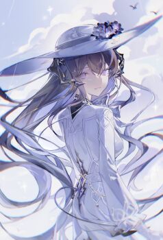 1girl absurdres baiqian741 bird blue_hair blurry blurry_background chinese_commentary cloud cloudy_sky constance_(honkai:_star_rail) demon_girl demon_horns demon_tail depth_of_field floating_hair flower from_behind from_side gloves grey_background grey_sky hair_floating_upwards hat hat_flower head_tilt highres honkai:_star_rail honkai_(series) horns long_sleeves looking_at_viewer looking_to_the_side mole mole_under_eye multicolored_hair outdoors purple_eyes purple_flower rain sky smile solo standing tail teeth two-tone_hair upper_body white_gloves