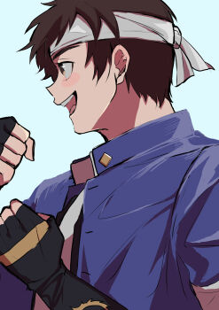 Rule 34 | 1boy, black gloves, blue jacket, brown eyes, brown hair, clenched hands, commentary request, fingerless gloves, from side, gloves, headband, highres, jacket, male focus, nahogiisio, open clothes, open jacket, open mouth, school uniform, shirt, short hair, simple background, smile, solo, sparkling eyes, teeth, the king of fighters, upper body, upper teeth only, white headband, white shirt, yabuki shingo