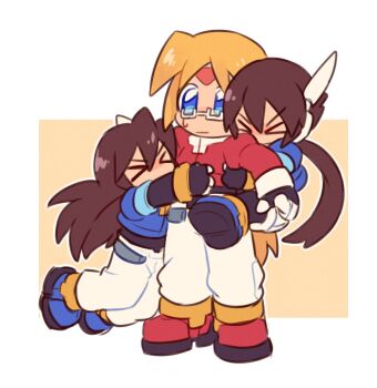 &gt;_&lt; 1girl 2boys aile_(mega_man_zx) black_bodysuit blonde_hair blue_eyes blue_footwear blue_jacket bodysuit bodysuit_under_clothes brown_hair chibi closed_eyes cropped_jacket cyanmirai facial_mark forehead_mark girouette_(mega_man) glasses hug jacket long_hair mega_man_(series) mega_man_zx mega_man_zx_advent multiple_boys pants ponytail red_footwear red_jacket robot_ears semi-rimless_eyewear shorts simple_background smile under-rim_eyewear vent_(mega_man) white_background white_pants white_shorts