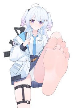 1girl absurdres ahoge ar-15 assault_rifle bare_legs barefoot blue_necktie blue_skirt blush closed_mouth collared_shirt embarrassed eyelashes feet foot_focus foot_up foreshortening gradient_hair grey_hair gun hair_ornament hairclip hand_up high-waist_skirt highres jacket long_hair long_sleeves looking_at_viewer multicolored_hair necktie okamoto_nagi open_clothes open_jacket panties pink_hair pleated_skirt purple_eyes rifle shirt short_sleeves simple_background skindentation skirt soles solo stepping thigh_strap thighs toes two_side_up underwear virtual_youtuber vshojo weapon white_background white_jacket white_panties white_shirt wl217_(nicexa111)
