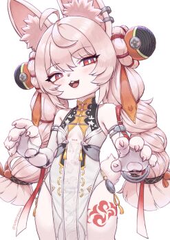 1girl accessories ahoge animal_ear_fluff animal_ears armlet bare_shoulders blush bracelet breasts bright_pupils butter_spoon china_dress chinese_clothes claws clothing_cutout commentary cosplay cowboy_shot dress ear_piercing english_commentary fingerless_gloves furry furry_female glove_cutout gloves hair_between_eyes hair_ornament half-closed_eyes head_tilt highres jewelry leg_tattoo long_hair looking_at_viewer metal_bracelet open_mouth piercing pink_fur pink_hair rabbit_ears rabbit_girl rabbit_tail red_eyes screw see-through_clothes silver_armlet silver_bracelet simple_background sleeveless sleeveless_dress small_breasts solo tail tattoo teeth twintails twitter_username upper_teeth_only white_background white_dress white_gloves white_pupils ye_shunguang ye_shunguang_(cosplay) zenless_zone_zero zhao_(zenless_zone_zero)