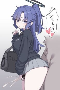 Rule 34 | 1boy, 1girl, absurdres, alternate costume, bar censor, black halo, black hoodie, blue archive, breasts, censored, cum, ejaculation, erection, grey skirt, grinding, halo, heart, hetero, highres, hood, hood down, hoodie, long sleeves, mechanical halo, medium breasts, miniskirt, penis, ponytail, projectile cum, purple eyes, purple hair, skirt, solo focus, speech bubble, spoken heart, thick thighs, thigh sex, thighs, vector (dmlddmld00), yuuka (blue archive)