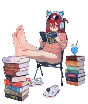 1girl animal_ear_headphones animal_ears bare_legs barefoot blue_eyes book book_stack chair closed_mouth cocktail_glass crocs cup drinking_glass drinking_straw eyewear_on_head fake_animal_ears feet feet_up food foot_focus foreshortening fruit full_body gen_1_pokemon glass hair_between_eyes headphones highres hipa_(some1else45) holding holding_book ice ice_cube kirby kirby_(series) lime_(fruit) lime_slice long_hair looking_at_viewer nintendo on_chair oomakase open_book pikachu pink_shirt pokemon red_hair shirt simple_background sitting soles solo some1else45 sunglasses susuwatari thighs toes white_background