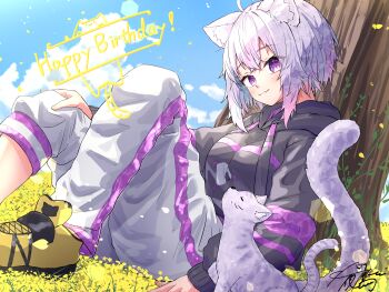 1girl absurdres against_tree animal_ear_fluff animal_ears black_hoodie cat_ears cat_girl cat_tail closed_mouth commentary fang flower highres hololive hood hoodie looking_at_viewer medium_hair nekomata_okayu nekomata_okayu_(1st_costume) outdoors pants purple_eyes purple_hair shoes skin_fang smile solo tail temari_(nekomata_okayu) tree u_da_desu virtual_youtuber white_pants yellow_shoes