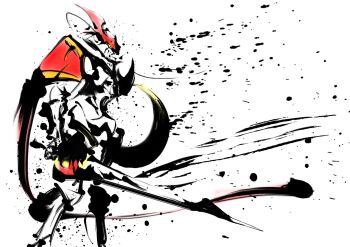 Rule 34 | armor, cape, digimon, digimon (creature), dukemon, from side, highres, holding, holding polearm, holding shield, holding weapon, ink wash painting, knight, lance, naoten 7010, polearm, profile, red cape, shield, simple background, weapon, white armor, white background