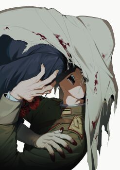 2boys absurdres blood blood_on_clothes blue_coat charon_(reverse:1999) coat covered_face crying eberhard_braun flower gloves grabbing_another&#039;s_arm hashtag-only_commentary highres imperial_german_army implied_yaoi military_uniform multiple_boys open_mouth peas_wandu poppy_(flower) red_flower reverse:1999 thorns upper_body veil white_background white_gloves white_veil