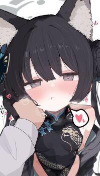 1girl absurdres animal_ear_fluff animal_ears black_dress black_gloves black_hair blue_archive blush breasts china_dress chinese_clothes double_bun dress gloves grey_eyes hair_bun halo heart heart-shaped_pupils highres kemonomimi_mode kisaki_(blue_archive) long_hair looking_at_viewer nyashiro_(sgylk) pov small_breasts spoken_heart symbol-shaped_pupils twintails