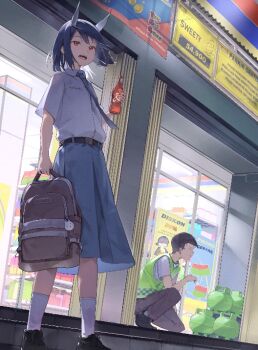1boy 1girl :d ad aoki_ruri backpack bag bag_charm belt black_bag black_belt black_hair blue_hair blue_necktie blue_skirt bob_cut bottle brown_bag brown_pants charm_(object) collared_shirt convenience_store curtains day dragon_girl dragon_horns dress_shirt drink english_text faceless faceless_male fangs food from_below full_body gas_cylinder gima_surya holding holding_bag holding_bottle holding_drink horns indomaret indonesian_high_school_uniform indonesian_text indoors kneehighs kneeling loafers long_skirt looking_at_viewer medium_hair medium_skirt necktie on_one_knee open_mouth outdoors pants parted_bangs pleated_skirt pocket poster_(object) product_placement red_eyes ruridragon school_bag school_uniform shirt shirt_tucked_in shoes shop short_hair short_sleeves skirt slit_pupils smile socks soda soda_bottle solo_focus squatting standing storefront swept_bangs teeth upper_teeth_only vending_machine vest water_bottle white_shirt white_socks window