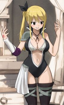 1girl armor bikini bikini_top_only black_leotard black_ribbon black_thighhighs blonde_hair breasts brown_eyes center_opening collared_leotard fairy_tail gaston18 hair_ribbon hand_tattoo highres large_breasts leotard long_hair lucy_heartfilia navel pauldrons plunging_neckline ribbon shoulder_armor side_ponytail sidelocks single_pauldron solo swimsuit tattoo thighhighs white_bikini
