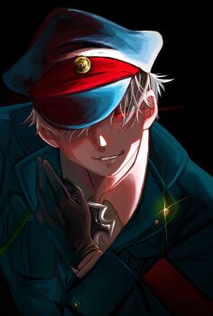 1boy aiguillette axis_powers_hetalia black_background black_gloves blue_hat blue_jacket collared_shirt commentary_request cross gloves glowing glowing_eyes grey_hair hair_between_eyes hand_on_own_chest hand_up hat highres ichiroirasuto iron_cross jacket lapels long_sleeves looking_at_viewer male_focus military military_hat military_jacket military_uniform one_eye_covered peaked_cap prussia_(hetalia) red_eyes shirt short_hair simple_background smile solo sparkle teeth upper_body white_shirt