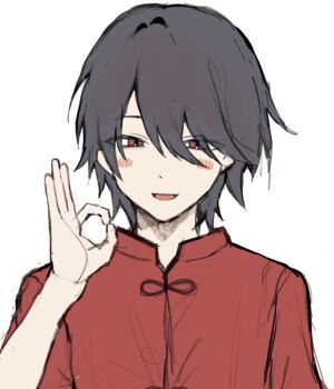 Rule 34 | 1boy, :d, black hair, blush stickers, commentary request, daiba shizuma, flat color, hair between eyes, hand up, long bangs, looking at viewer, male focus, ok sign, ooe (game), open mouth, red eyes, red shirt, shirt, short hair, simple background, smile, solo, straight-on, tsurime, upper body, white background, yuzu ringo (ohayou hey)