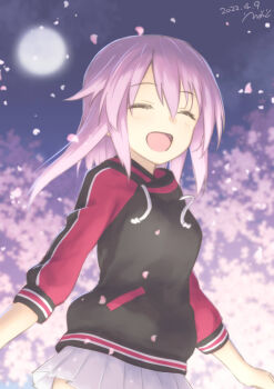 1girl alice_gear_aegis closed_eyes errant highres hirasaka_yotsuyu hood hoodie moon pink_hair skirt white_skirt