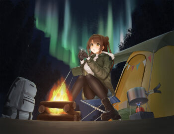 1girl absurdres aurora backpack bag black_boots black_gloves black_pantyhose boots breasts brown_eyes brown_hair campfire camping commentary_request cooking_pot cup denim denim_shorts fire forest full_body gloves green_jacket hair_bun hear_(kpmf4732) highres holding holding_cup idolmaster idolmaster_cinderella_girls jacket lace-up_boots large_breasts long_hair long_sleeves nature night one_side_up open_clothes open_jacket outdoors pantyhose portable_stove ribbed_sweater shimamura_uzuki short_shorts shorts single_side_bun sitting solo sweater tent turtleneck turtleneck_sweater variant_set white_sweater