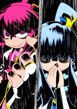 10s 221_(tsutsuichi) 2girls @_@ aino_megumi black_eyes blue_hair bow bridal_gauntlets crazy_eyes crown cure_lovely cure_princess gold_crown happinesscharge_precure! highres magical_girl mini_crown multiple_girls pink_bow pink_eyes pink_hair precure shirayuki_hime short_hair sidelocks smile split_screen tongue wavy_mouth