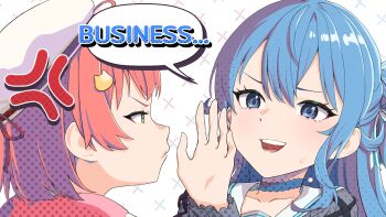 2girls ahoge anger_vein beret blue_choker blue_eyes blue_hair cat_hair_ornament choker dd_f_b eye_contact green_eyes hair_ornament hairclip hat highres hololive hoshimachi_suisei hoshimachi_suisei_(sailor) long_hair long_sleeves looking_at_another multiple_girls official_alternate_costume open_hand open_mouth palms pink_hair polka_dot polka_dot_hair polka_dot_shirt pout sakura_miko sakura_miko_(school_uniform) school_uniform shirt short_hair speech_bubble star_(symbol) star_in_eye sweatdrop symbol_in_eye teeth v-shaped_eyebrows virtual_youtuber white_background white_hat