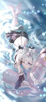 1girl absurdres afloat ahoge animal_ears ass barefoot bikini black_bikini black_sarong blue_eyes breasts caisena cat_ears chinese_commentary commentary_request feet highres honkai_(series) honkai_impact_3rd inflatable_flamingo kiana_kaslana kiana_kaslana_(herrscher_of_finality) kiana_kaslana_(selenic_ripples) licking_lips long_hair medium_breasts official_alternate_costume sarong soles solo swimsuit toes tongue tongue_out very_long_hair white_hair