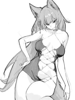 1girl animal_ears bottomless breasts breasts_apart chisaka_airi dress hand_on_own_hip highres large_breasts mn374390 navel phase_connect stomach tagme tail virtual_youtuber wolf_ears wolf_girl wolf_tail
