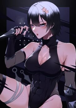 1girl abs blackhare11 bodysuit fishnets hair_ornament highres kunai leotard mask mole mole_under_eye ninja short_hair sweat weapon