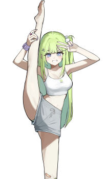 1girl absurdres arms_up bandaid bandaid_on_knee bandaid_on_leg blush bow breasts camisole cleavage commentary crop_top drawstring fingernails foot_out_of_frame green_hair green_panties grey_shorts grin hair_ornament highres large_breasts long_hair looking_at_viewer mino_(na_ra) nail_polish navel one_side_up panties pantyshot pom_pom_(clothes) pom_pom_hair_ornament purple_bow purple_eyes purple_nails short_shorts shorts simple_background smile solo spaghetti_strap split standing standing_on_one_leg standing_split stellive stomach straight_hair striped_clothes striped_panties tied_drawstring underwear upshorts v-shaped_eyebrows very_long_hair virtual_youtuber white_background white_camisole wrist_bow yuzuha_riko