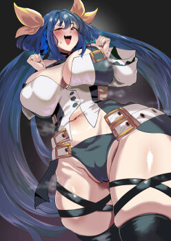 1girl absurdres alternate_breast_size_(larger) belt black_panties black_thighhighs blue_hair breasts cleavage cleavage_cutout clothing_cutout dizzy_(guilty_gear) guilty_gear guilty_gear_xrd hair_rings highres huge_breasts large_breasts long_hair midriff navel open_mouth panties plump red_eyes ribbon sato_one1 sidelocks skindentation smile steam steaming_body stomach thick_thighs thigh_strap thighhighs thighs twintails underwear yellow_ribbon