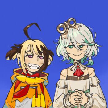 2girls ahoge blue_background brown_hair cecilia_immergreen cecilia_immergreen_(1st_costume) commentary detached_sleeves doll_joints finnjr637 gigi_murin gigi_murin_(1st_costume) green_eyes green_hair grey_hair grin highres hololive hololive_english hood hoodie interlocked_fingers joints multicolored_hair multiple_girls orange_hoodie purple_eyes smile symbol-only_commentary twintails two-tone_hair virtual_youtuber winding_key