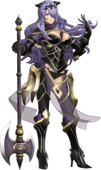 1girl 3d armor axe black_armor black_panties boots breasts bustier camilla_(fire_emblem) capelet cleavage female_focus fire_emblem fire_emblem_fates fire_emblem_warriors full_body gloves hair_over_one_eye high_heel_boots high_heels highres large_breasts lips long_hair nintendo official_art panties purple_gloves purple_hair solo thigh_boots thighhighs tiara transparent_background underwear vambraces wavy_hair weapon