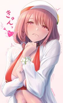 1girl absurdres bikini blush commentary_request embarrassed fire_emblem fire_emblem_engage fire_emblem_heroes flat_cap hat highres jacket lapis_(fire_emblem) lapis_(forager_of_the_sea)_(fire_emblem) lovestruck matoimangekyo navel nintendo nose_blush pink_eyes pink_hair red_bikini see-through_clothes swimsuit translation_request two-tone_hat white_hat white_jacket