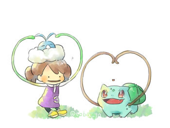 1girl bright_pupils brown_hair bulbasaur claws coba_to_coba commentary_request ditto dress fangs female_protagonist_(pokemon_pokopia) full_body gen_1_pokemon gen_3_pokemon heart nintendo open_mouth plant pokemon pokemon_pokopia purple_dress shoes swablu transformed_ditto vines white_background white_pupils yellow_shoes