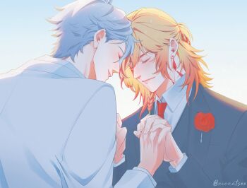 Rule 34 | 2boys, arms up, black jacket, blonde hair, closed mouth, collared shirt, earrings, eienatsoo, flower, forehead-to-forehead, gradient hair, grey hair, heads together, holding hands, honkai: star rail, honkai (series), interlocked fingers, jacket, jewelry, layered sleeves, long sleeves, male focus, medium hair, multicolored hair, multiple boys, mydei (honkai: star rail), necktie, phainon (honkai: star rail), piercing, red flower, red necktie, red rose, rose, shirt, short hair, short sideburns, smile, suit jacket, twitter username, upper body, white jacket, white shirt, wing collar, yaoi