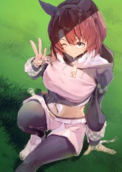 1girl absurdres animal_ears black_leggings black_shrug breasts brown_eyes brown_hair closed_mouth dantsu_flame_(center_spotlight)_(umamusume) dantsu_flame_(umamusume) ear_covers gorioshi0802 grass hair_between_eyes highres horse_ears horse_girl horse_tail large_breasts leggings leggings_under_shorts looking_at_viewer midriff multicolored_hair navel one_eye_closed outdoors pink_shirt pink_shorts shirt shorts shrug_(clothing) smile solo sweat tail tied_shirt umamusume w white_hair white_shirt