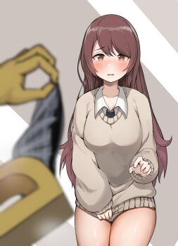1boy 1girl blurry blurry_foreground breasts brown_eyes brown_hair brown_sweater cowboy_shot hetero highres holding holding_unworn_clothes holding_unworn_skirt idolmaster idolmaster_shiny_colors kachobi_(user_atuh5854) long_hair long_sleeves looking_at_viewer no_pants osaki_tenka p-head_producer panties producer_(idolmaster) single_tear skirt smelling smelling_clothes standing sweater underwear unworn_skirt white_panties