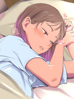 1girl bed bedroom blue_shirt blue_shorts blush brown_eyes brown_hair colored_tips commentary_request electric_fan highres ishii_(isuwie) lying medium_hair multicolored_hair on_bed on_side original shirt shorts translation_request