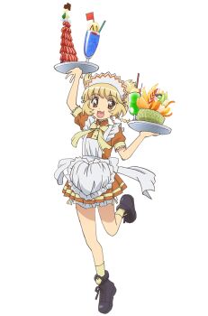 1girl :3 anime_coloring apron arm_up blonde_hair bow bowtie braid breasts brown_eyes brown_shoes brown_skirt collared_shirt cup dessert double_bun drink drinking_glass flat_chest fong_pudding food frilled_apron frills fruit full_body grey_shoes hair_bun hand_up holding holding_tray ishino_satoshi leg_up looking_at_viewer official_art open_mouth parfait pleated_skirt puffy_short_sleeves puffy_sleeves shirt shoes short_hair short_sleeves simple_background skirt smile socks solo standing standing_on_one_leg thighs tiptoes tokyo_mew_mew tokyo_mew_mew_new transparent_background tray waitress white_apron yellow_bow yellow_socks