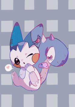 :o absurdres animal_focus black_eyes blowing_kiss blush_stickers bow ear_ornament full_body gen_4_pokemon grey_background hands_up heart highres looking_at_viewer mendako_(tyatyaumai29) nintendo no_humans one_eye_closed open_mouth own_hands_together pachirisu pink_bow pokemon pokemon_(creature) sitting solo speech_bubble spoken_heart tail tail_bow tail_ornament wink