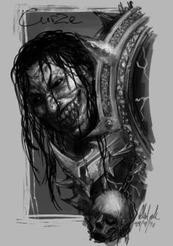 1boy armor artist_request black_eyes black_hair black_sclera breastplate character_name colored_sclera crazy_grin dated evil_grin evil_smile gorget graphite_(medium) greyscale grin konrad_curze long_hair looking_at_viewer male_focus monochrome night_lords ornate_armor pale_skin pauldrons power_armor primarch shoulder_armor signature simple_background skull smile solo spiked_armor spikes teeth traditional_media warhammer_40k