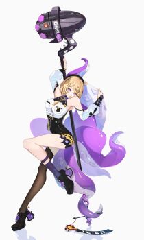 1girl absurdres asymmetrical_shorts bare_shoulders black_bow black_hat black_shoes blonde_hair bow breasts button_gap charm_(object) cleavage commentary_request detached_sleeves from_side full_body garter_straps hammer hat high-waist_shorts highres holding holding_behind_back holding_hammer holding_weapon holding_weapon_behind_back large_breasts looking_at_viewer mole mole_under_mouth monster_girl purple_eyes purple_nails scylla shinakou shirt shoes short_hair shorts simple_background single_garter_strap single_thighhigh solo suction_cups tentacle_girl tentacle_tail tentacles thighhighs torn_clothes torn_thighhighs weapon white_background white_shirt white_sleeves yidhari_murphy zenless_zone_zero