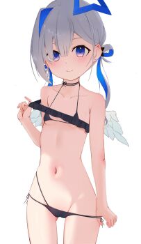 1girl absurdres amane_kanata angel angel_wings badao bare_shoulders bikini black_bikini black_ribbon blue_eyes blue_hair brown_hair cameltoe clothes_pull collarbone commentary_request dot_nose feathered_wings flat_chest halo highres hololive long_hair looking_at_viewer micro_bikini multicolored_hair navel ribbon smile solo swimsuit virtual_youtuber white_hair wings